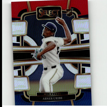 A 2024 select baseball trading card featuring abner uribe in a white milwaukee brewers uniform with black accents, captured mid-pitch against a red and gold holographic background.