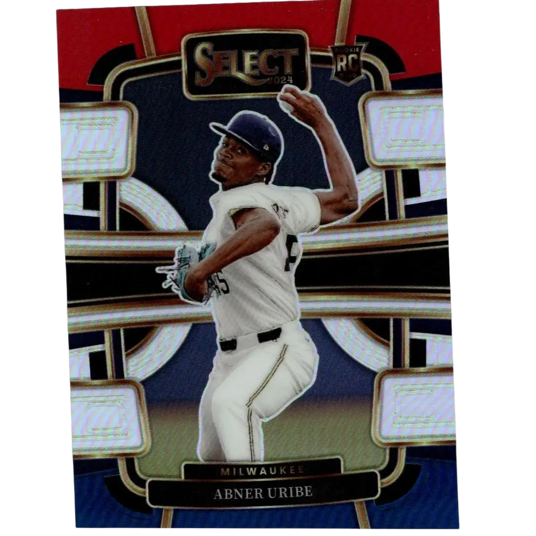 A 2024 select baseball trading card featuring abner uribe in a white milwaukee brewers uniform with black accents, captured mid-pitch against a red and gold holographic background.