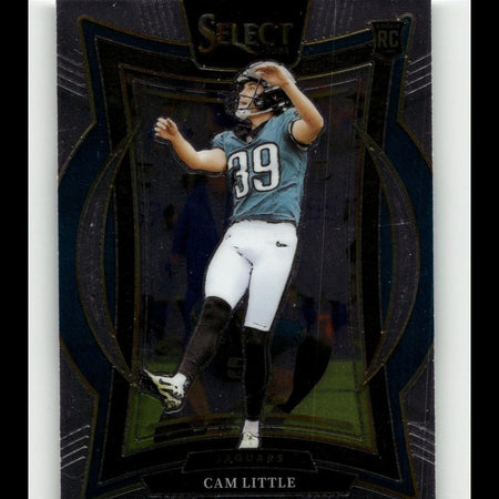 This is a black and silver select 2018 rc football trading card featuring cam little in his teal number 39 philadelphia eagles jersey.