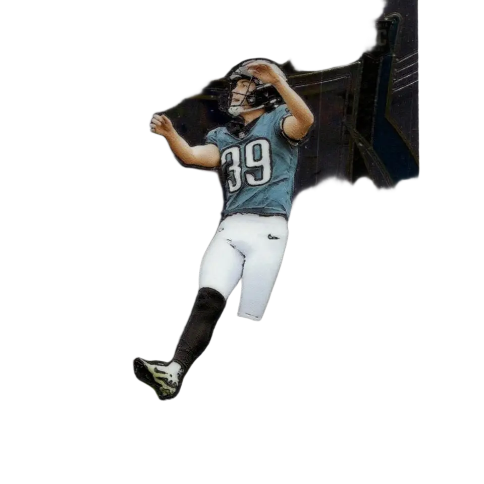 This is a black and silver select 2018 rc football trading card featuring cam little in his teal number 39 philadelphia eagles jersey.