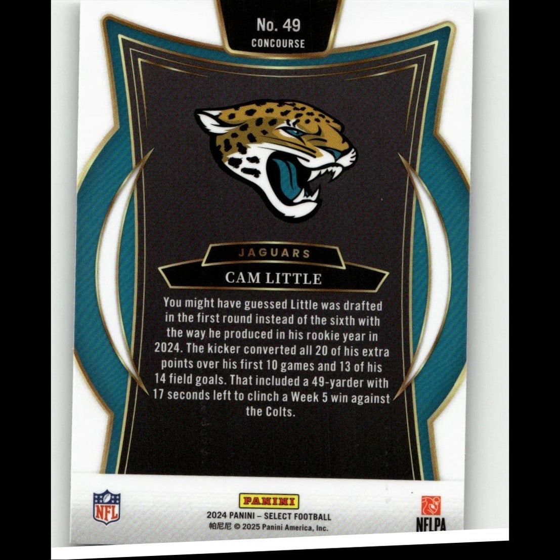 Black and teal jacksonville jaguars football trading card featuring the team’s roaring jaguar logo.