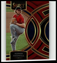 Red and black 2024 panini select alonzo tredwell maroon prizms baseball card showing pitcher mid-throw in red jersey