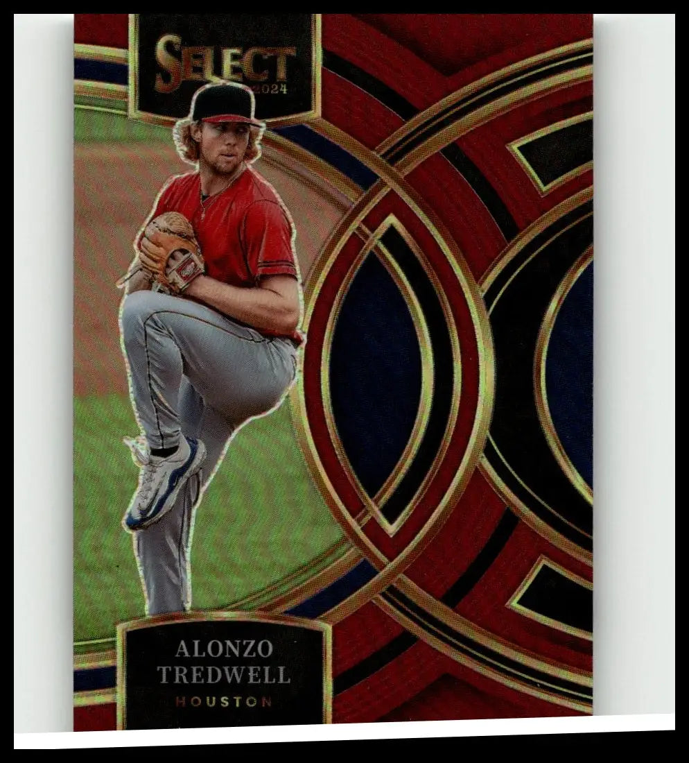 Red and black 2024 panini select alonzo tredwell maroon prizms baseball card showing pitcher mid-throw in red jersey