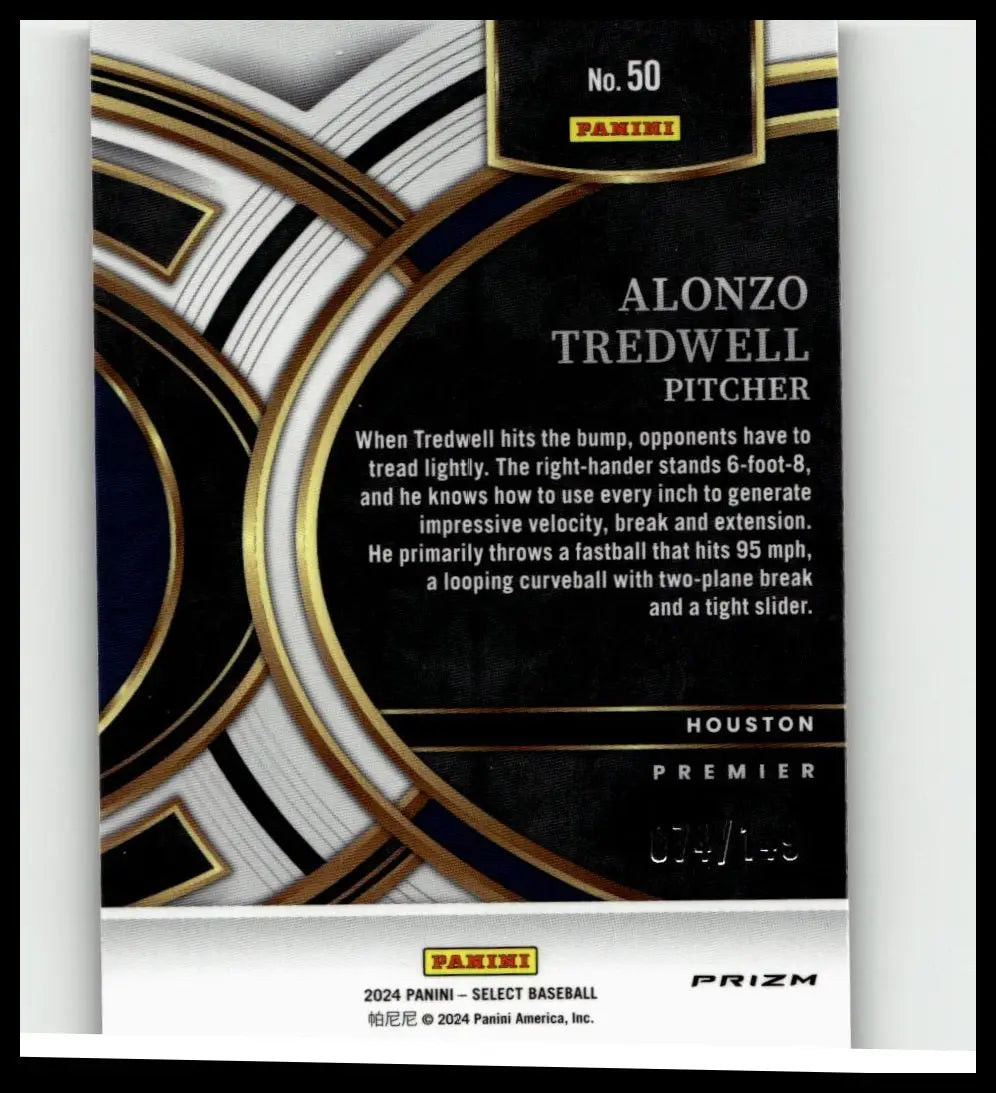 Black and gold 2024 panini select alonzo tredwell maroon prizms baseball card numbered 50 of 149