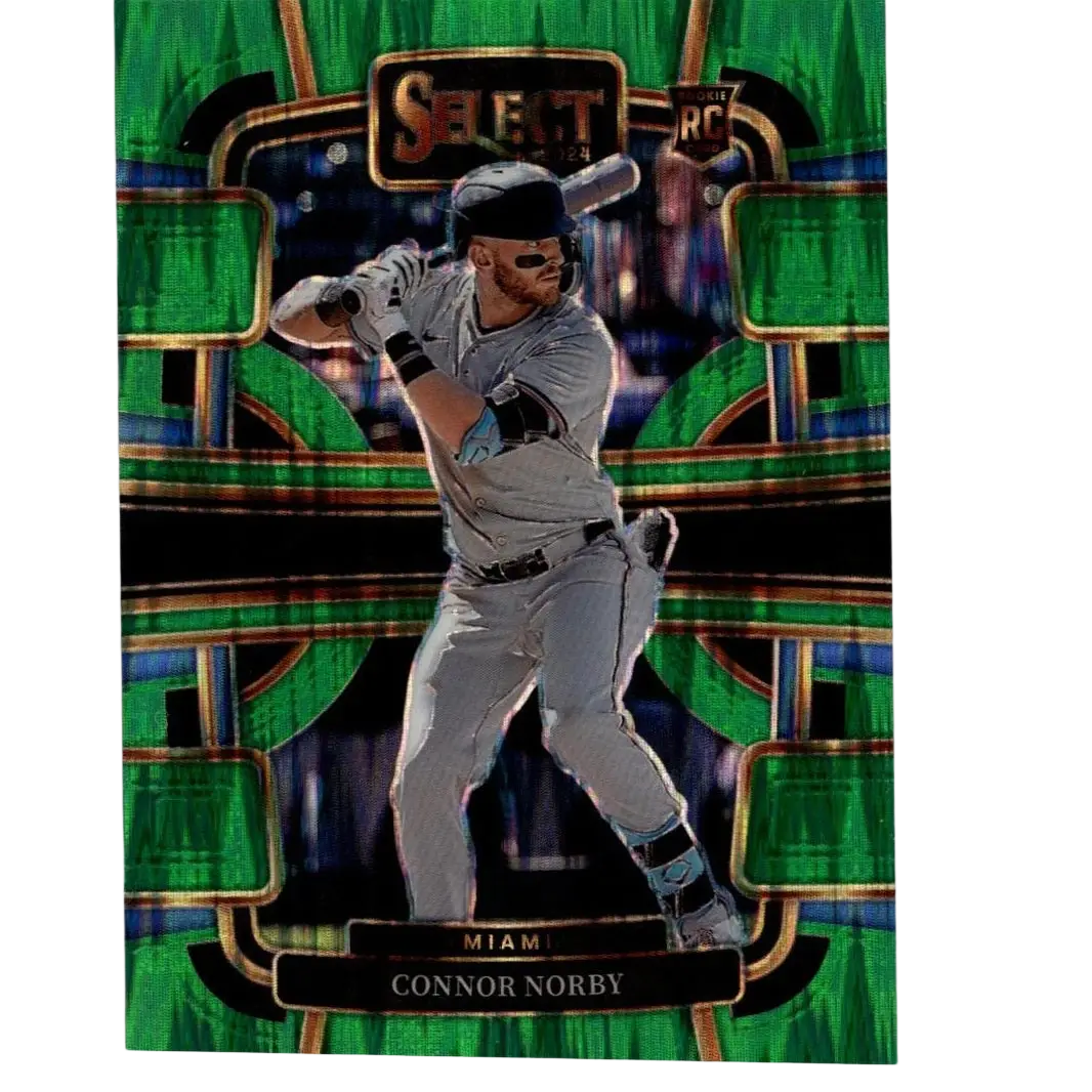 Green and black holographic 2024 panini select #50 connor norby green flash prizms baseball trading card in gray uniform