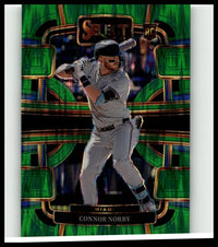 Green and black holographic 2024 panini select #50 connor norby green flash prizms baseball trading card featuring norby in batting stance