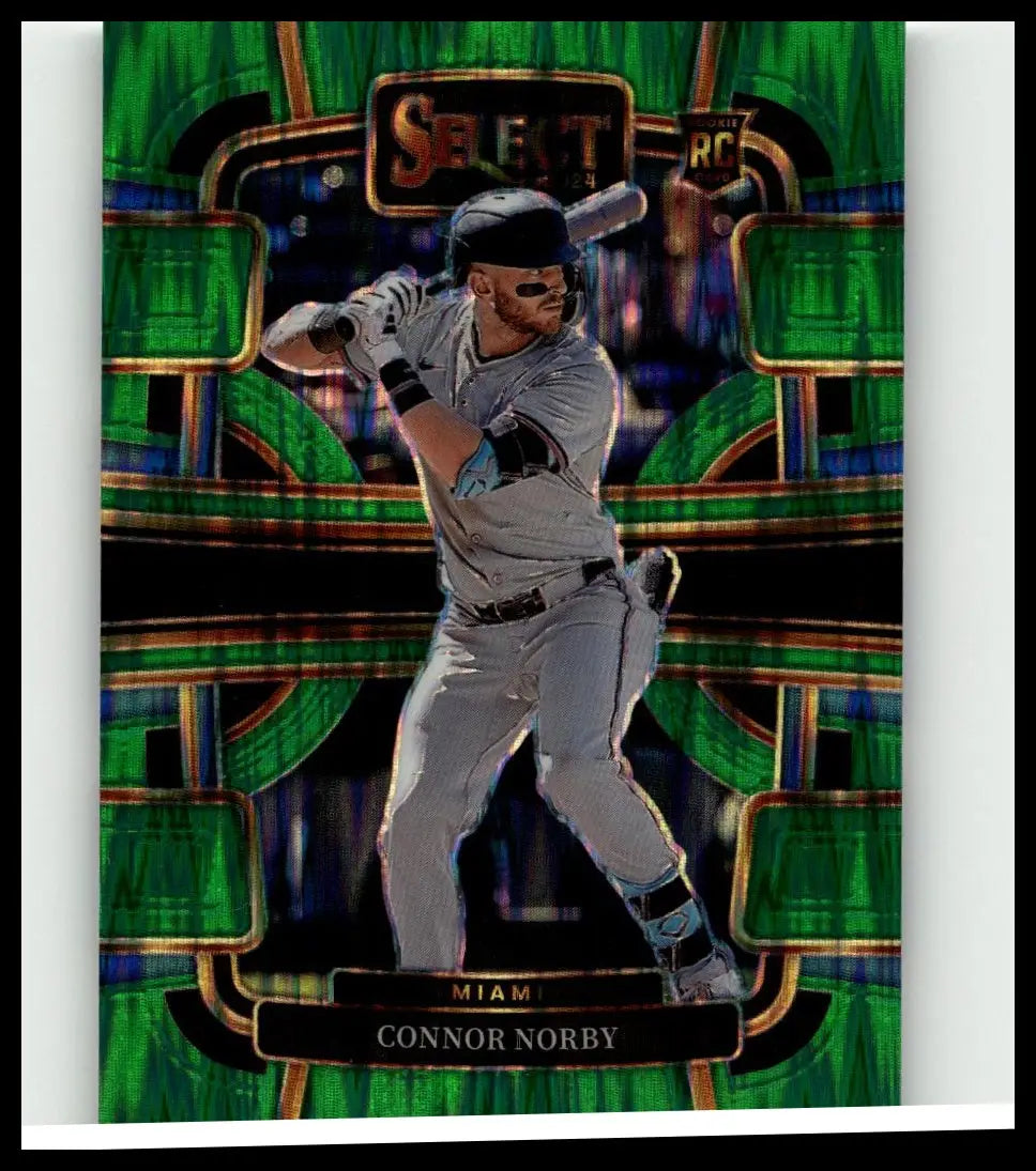 Green and black holographic 2024 panini select #50 connor norby green flash prizms baseball trading card featuring norby in batting stance