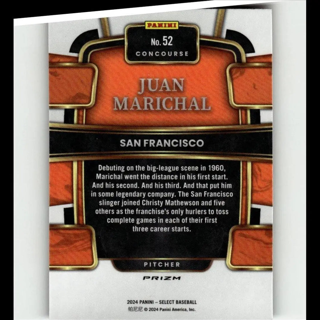 Orange and black panini select baseball card featuring juan marichal red concourse edition with blue prizms highlights
