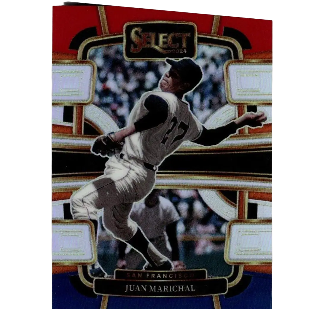 2024 panini select #52 juan marichal red and blue prizms baseball card featuring dynamic pitching pose