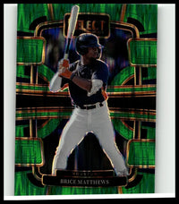 Green and black holographic baseball trading card featuring brice matthews in batting stance 2024 panini select matthews green flash