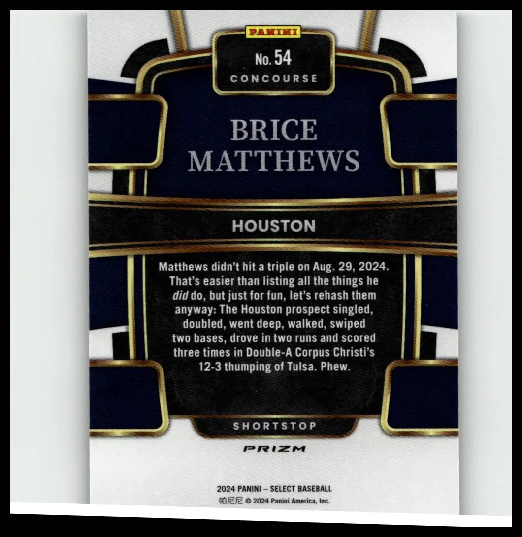 Dark blue and gold panini concourse baseball trading card featuring brice matthews green flash shortstop for houston astros