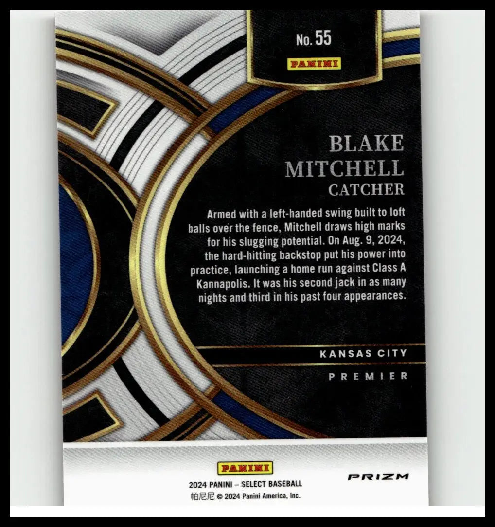 Black and gold 2024 panini select baseball card featuring blake mitchell orange flash catcher for kansas city