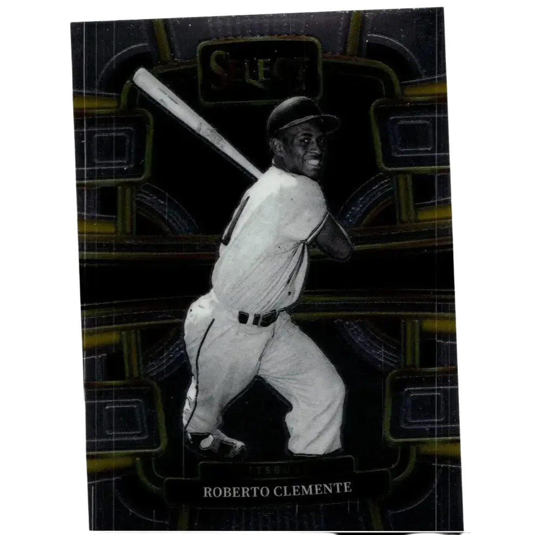 Black and gold 2024 panini select baseball trading card featuring roberto clemente in white uniform holding a bat