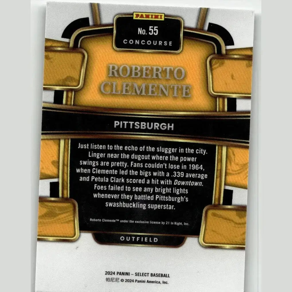 Gold and black 2024 panini select #55 roberto clemente baseball trading card featuring action and toy figures design