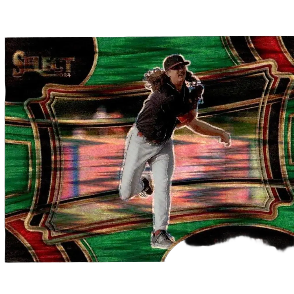 2024 panini select #64 rhett lowder green flash prizms baseball card featuring cincinnati pitcher mid-pitch