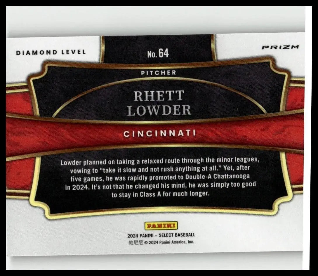 Black and red baseball trading card with gold trim featuring pitcher rhett lowder from 2024 panini select green flash prizms