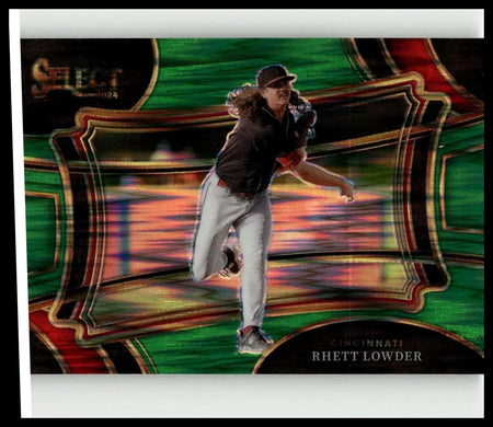 A glossy 2024 panini select #64 rhett lowder green flash prizms baseball card showing rhett lowder mid-pitch in a black jersey and gray pants