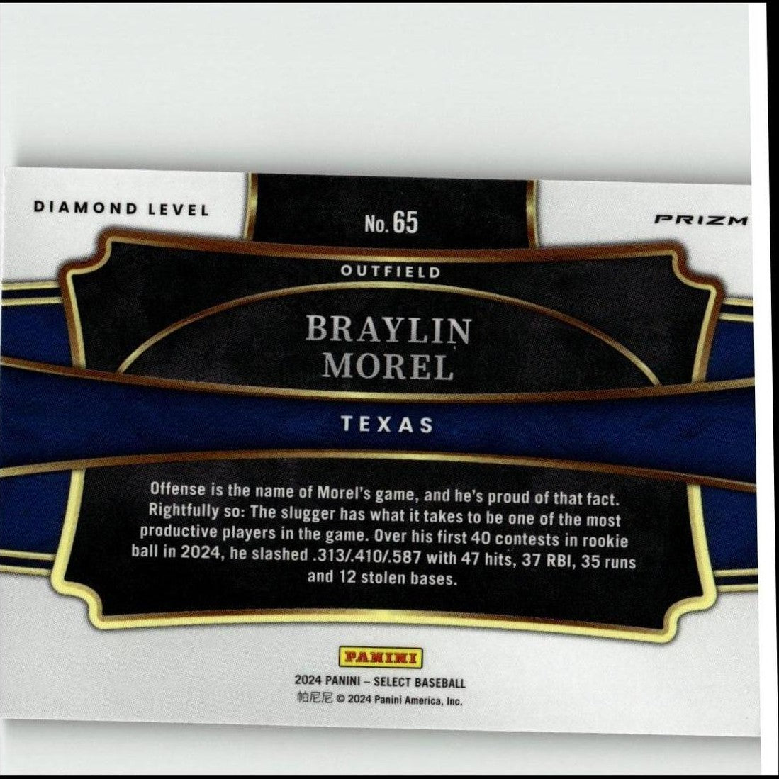 Black and blue baseball trading card with gold trim, featuring player braylin morel from texas.