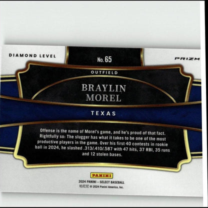 Black and blue baseball trading card with gold trim, featuring player braylin morel from texas.