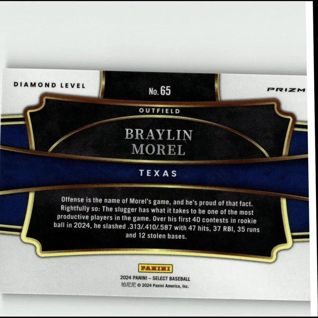 Black and blue baseball trading card with gold trim, featuring player braylin morel from texas.