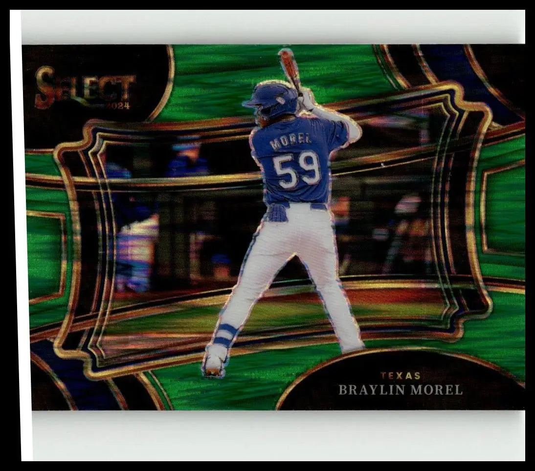 Back side of blue and white baseball jersey with morel and number 59 worn by braylin morel in 2024 panini select green flash prizms