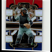 2024 select baseball trading card featuring montreal’s gary carter in catcher gear with a black helmet, gray uniform, and protective chest protector.
