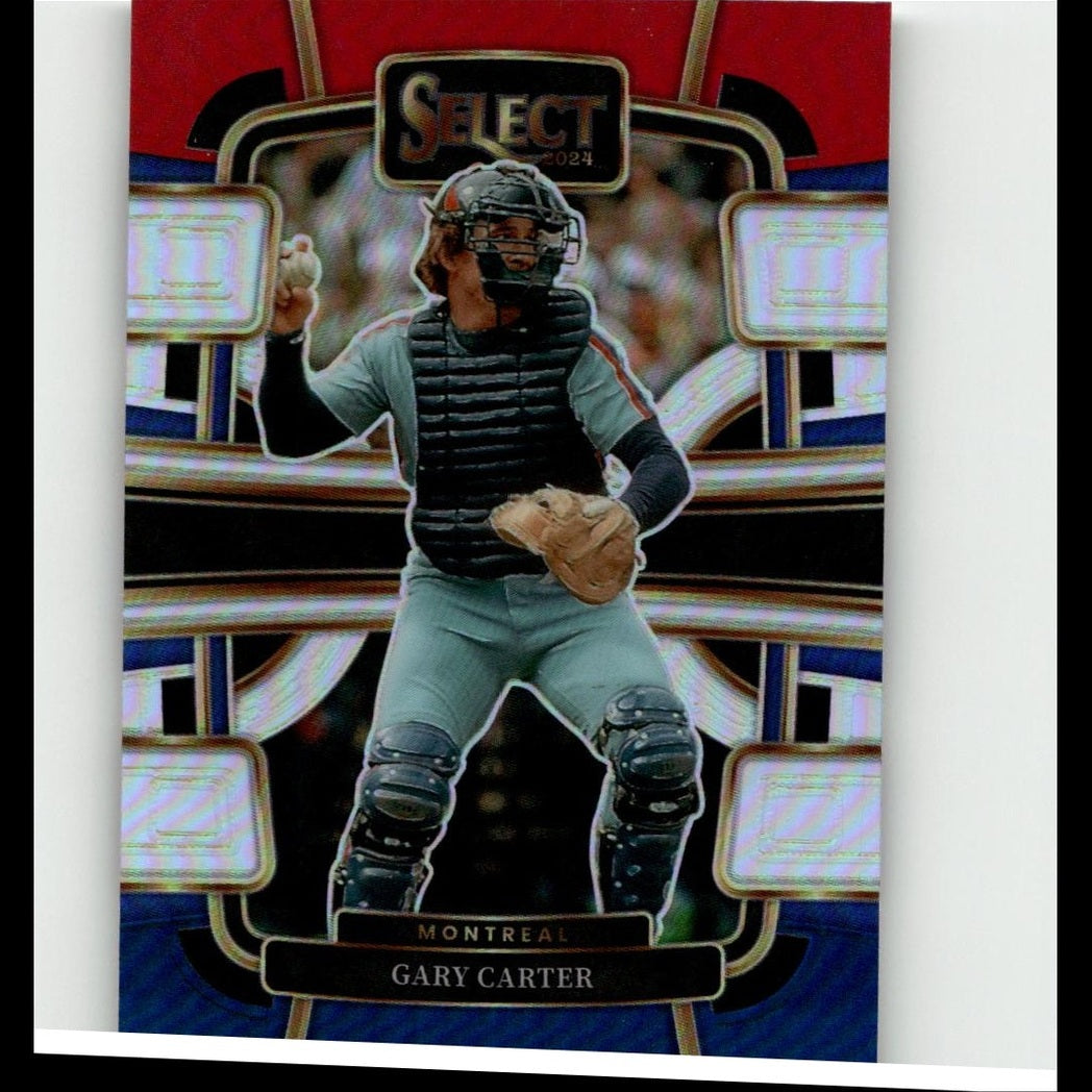 2024 select baseball trading card featuring montreal’s gary carter in catcher gear with a black helmet, gray uniform, and protective chest protector.