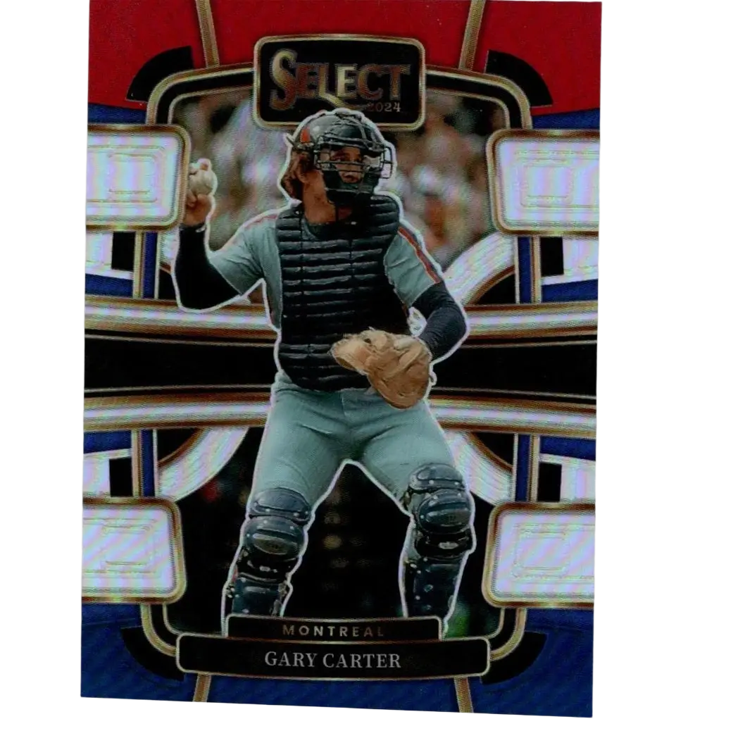 2024 select baseball trading card featuring montreal’s gary carter in catcher gear with a black helmet, gray uniform, and protective chest protector.