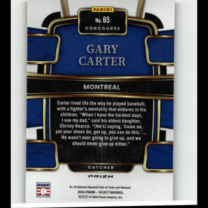 Blue and black baseball trading card featuring gary carter, labeled as a ’concourse’ prizm edition from panini.