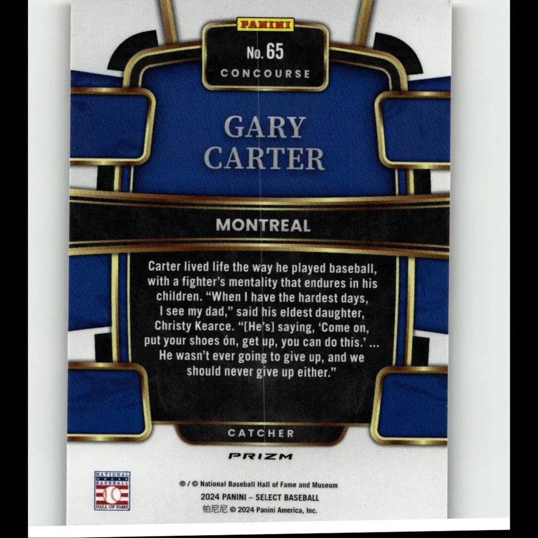 Blue and black baseball trading card featuring gary carter, labeled as a ’concourse’ prizm edition from panini.