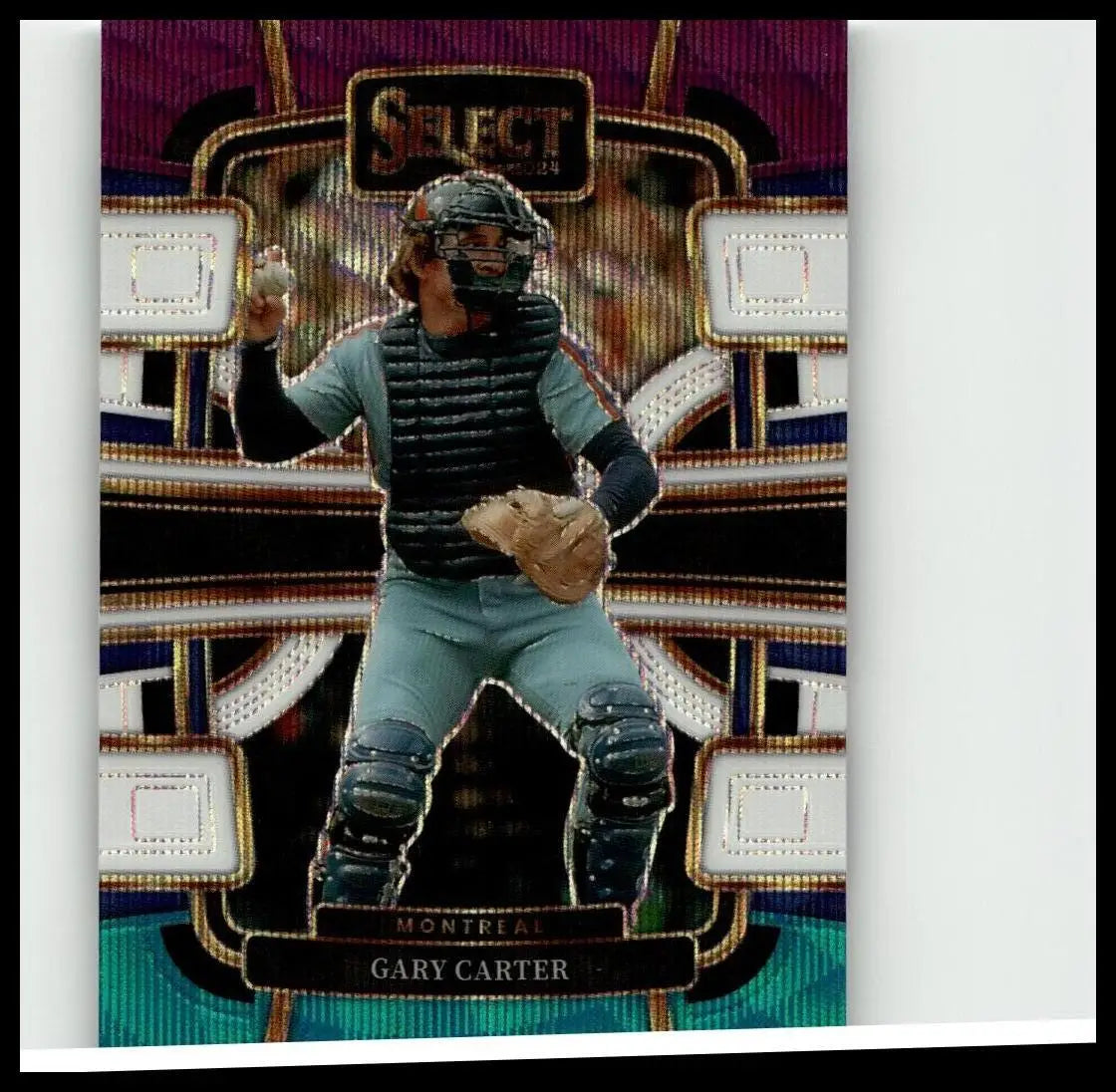 A glossy purple and gold-bordered 2024 Panini Select #65 baseball card featuring Gary Carter in Montreal Expos gear