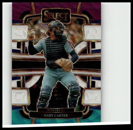 A glossy purple and gold-bordered 2024 Panini Select #65 baseball card featuring Gary Carter in Montreal Expos gear