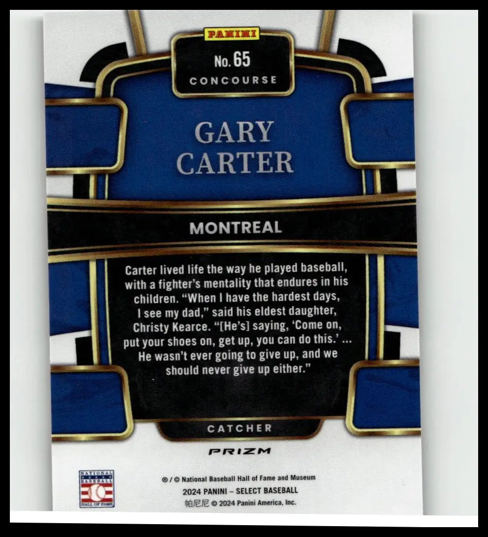 Blue and gold 2024 Panini Select #65 Gary Carter tri-color prizms baseball card featuring Montreal catcher