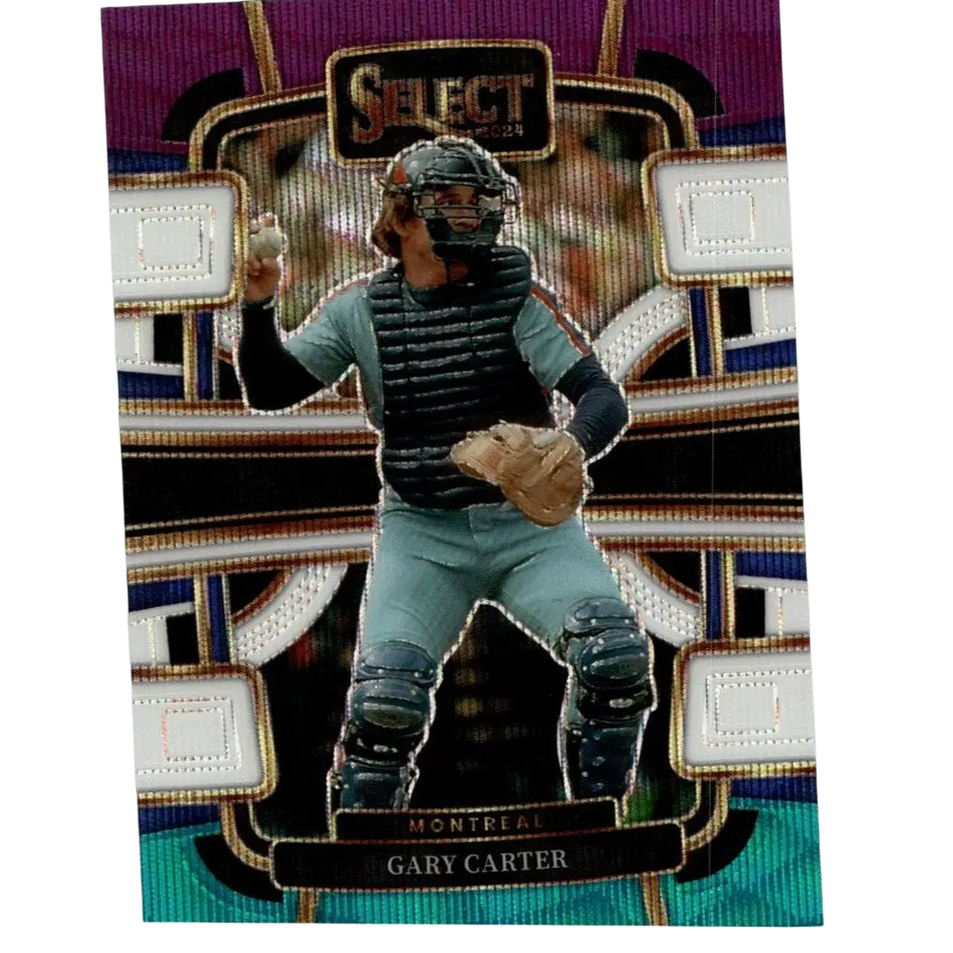 2024 panini select #65 gary carter tye dye prizm baseball card with catcher gear on ornate purple and gold background