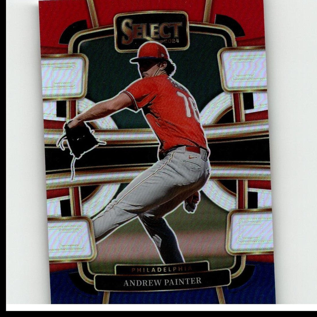 Red and black baseball trading card featuring andrew painter in a red jersey with the number 17, gray pants, and a matching cap.