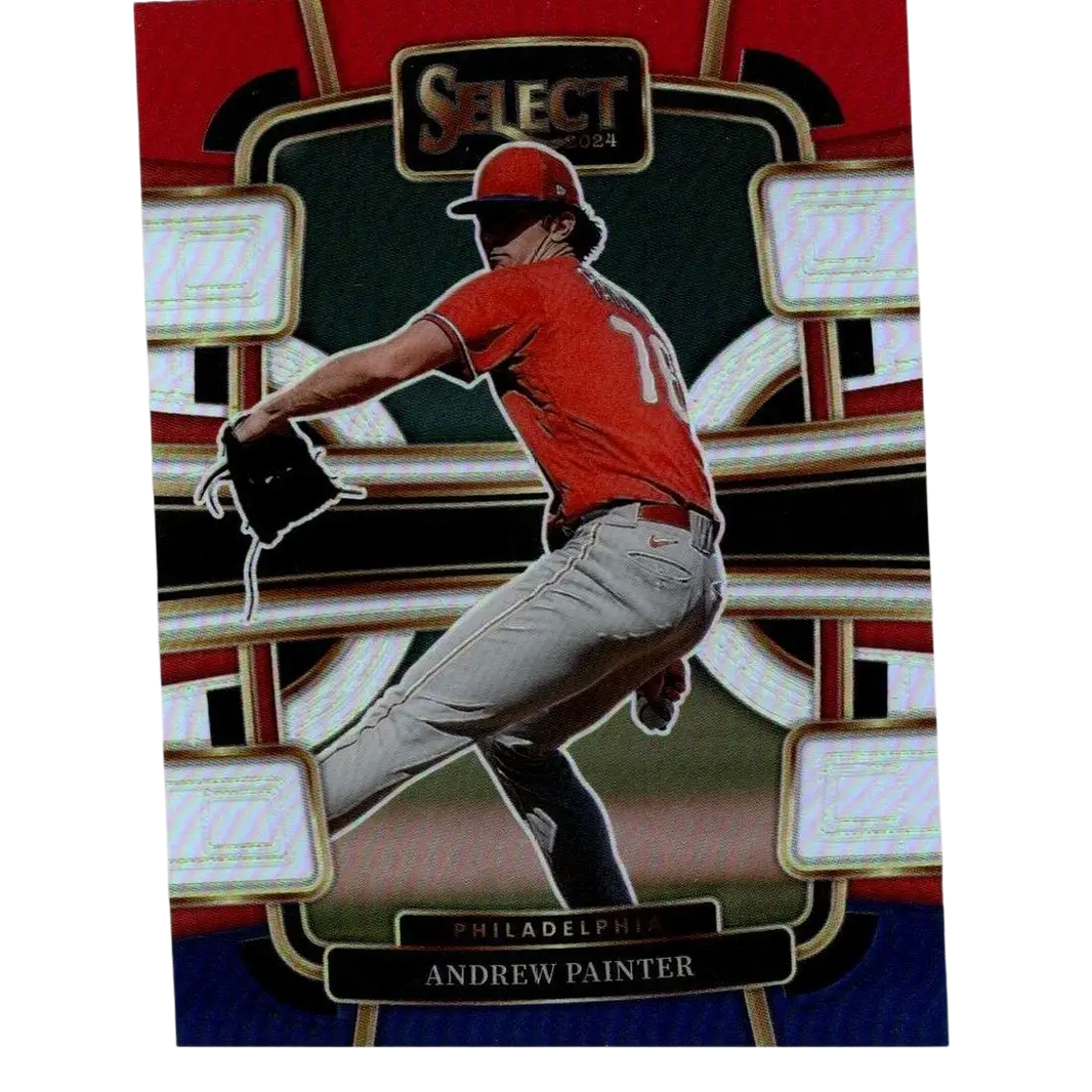 Red and black baseball trading card featuring andrew painter in a red jersey with the number 17, gray pants, and a matching cap.