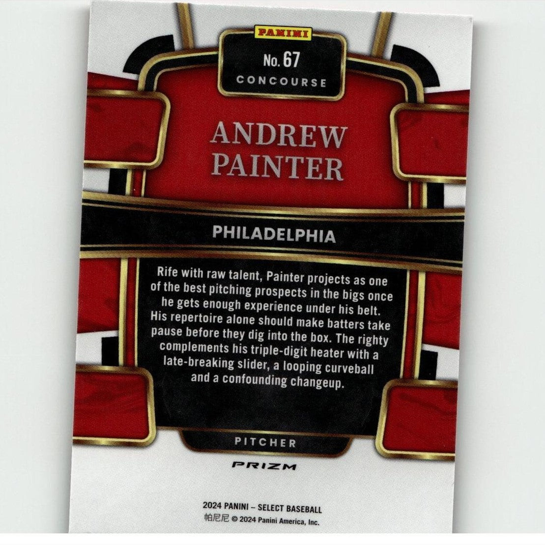 Red and black baseball trading card with gold trim, featuring andrew painter from philadelphia.