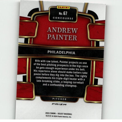 Red and black baseball trading card with gold trim, featuring andrew painter from philadelphia.