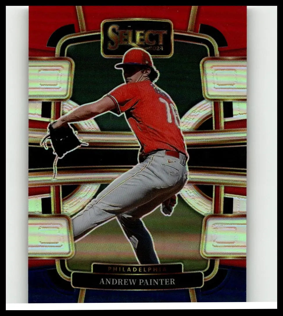 Red and black 2024 panini select #67 andrew painter baseball trading card featuring andrew painter red jersey and cap