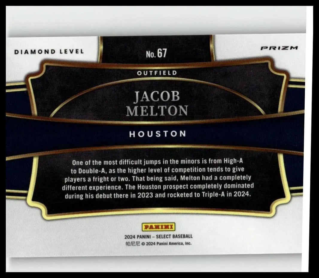 Black and gold 2024 Panini Select #67 jacob melton green flash prizms baseball trading card from Houston