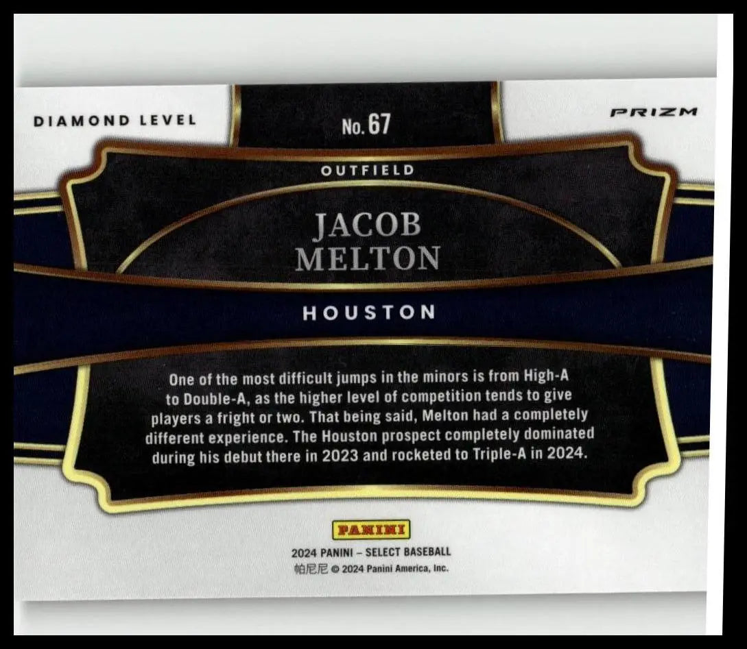 Black and gold 2024 Panini Select #67 jacob melton green flash prizms baseball trading card from Houston