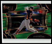A glossy green and gold 2024 panini select jacob melton green flash prizms baseball card featuring melton mid-swing