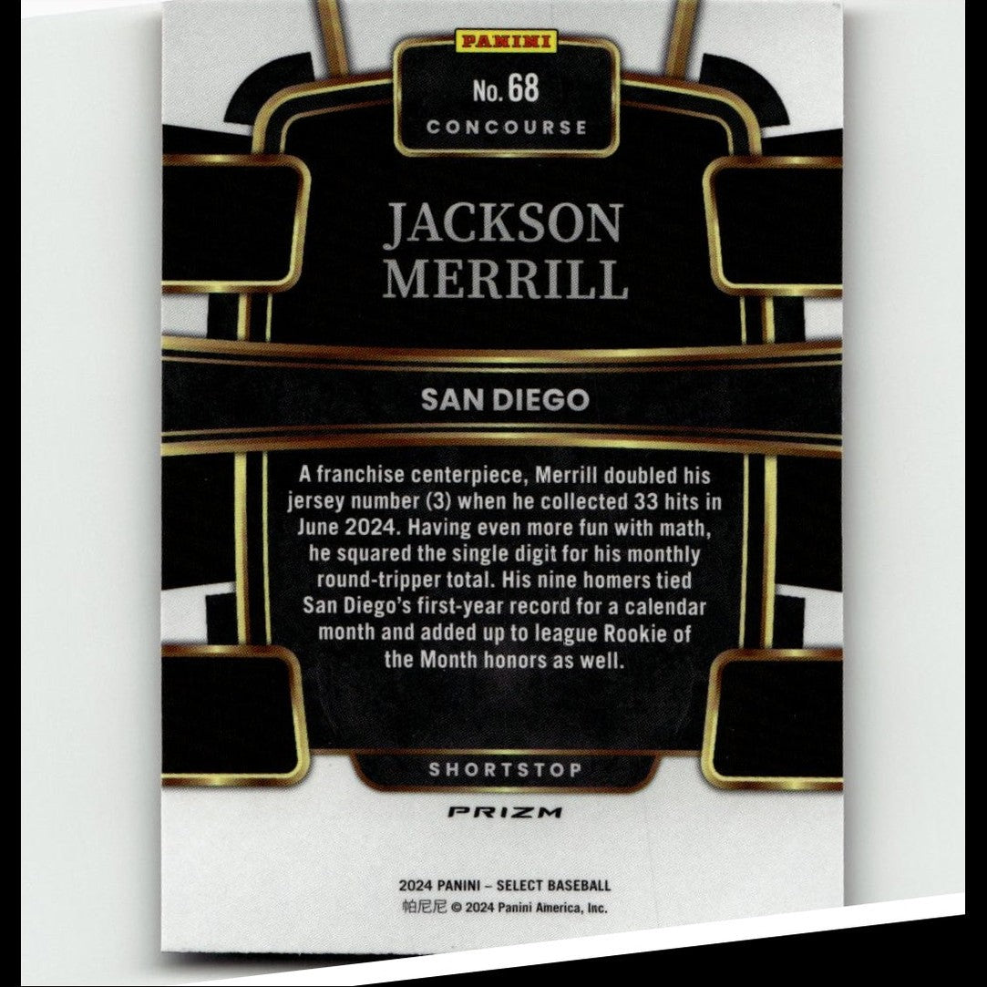 Black and gold panini concourse baseball trading card featuring jackson merrill of san diego.