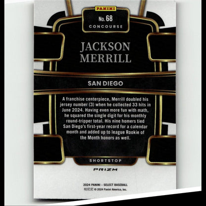 Black and gold panini concourse baseball trading card featuring jackson merrill of san diego.