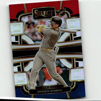 2024 select baseball trading card featuring jackson merrill in a pinstriped uniform.