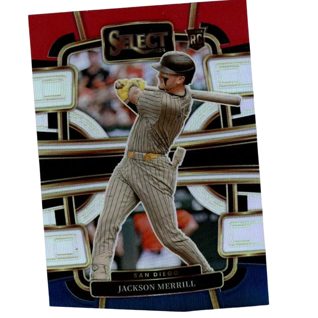 2024 select baseball trading card featuring jackson merrill in a pinstriped uniform.