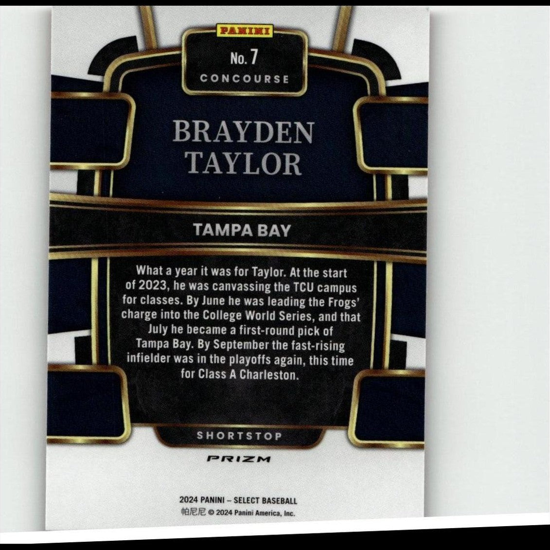 Black and gold panini concourse baseball trading card featuring brayden taylor of tampa bay.