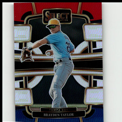 2024 select baseball trading card featuring brayden taylor in a light blue tampa bay rays jersey and gray pants, wearing a yellow cap with green sunglasses.