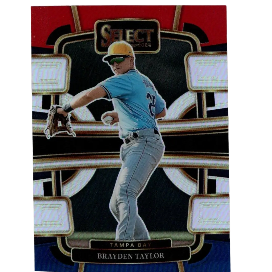 2024 select baseball trading card featuring brayden taylor in a light blue tampa bay rays jersey and gray pants, wearing a yellow cap with green sunglasses.
