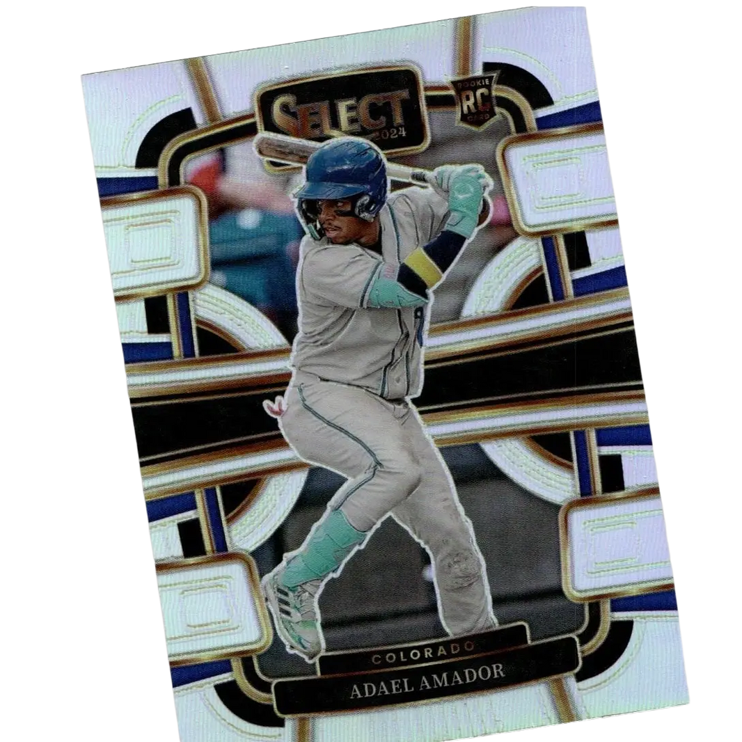 A 2024 panini select baseball trading card of adael amador swinging in colorado rockies uniform with blue helmet and teal gloves